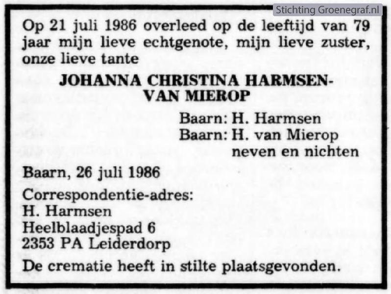 Overlijdensscan Johanna Christina van Mierop