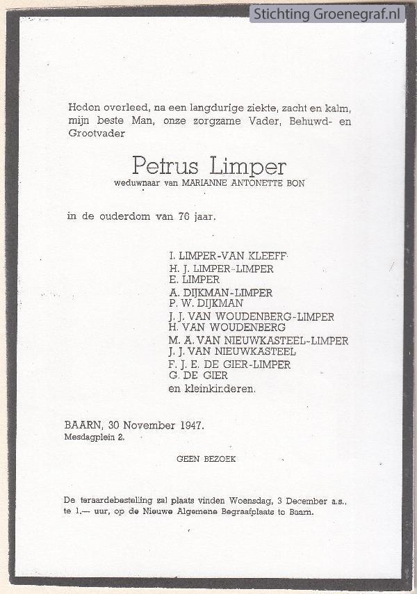 Overlijdensscan Petrus  Limper