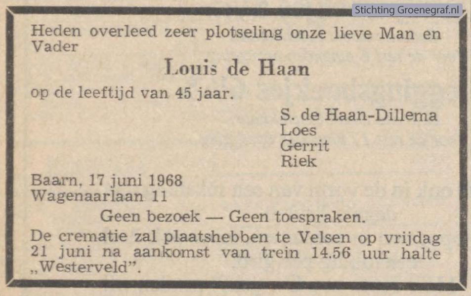 Overlijdensscan Louis de Haan