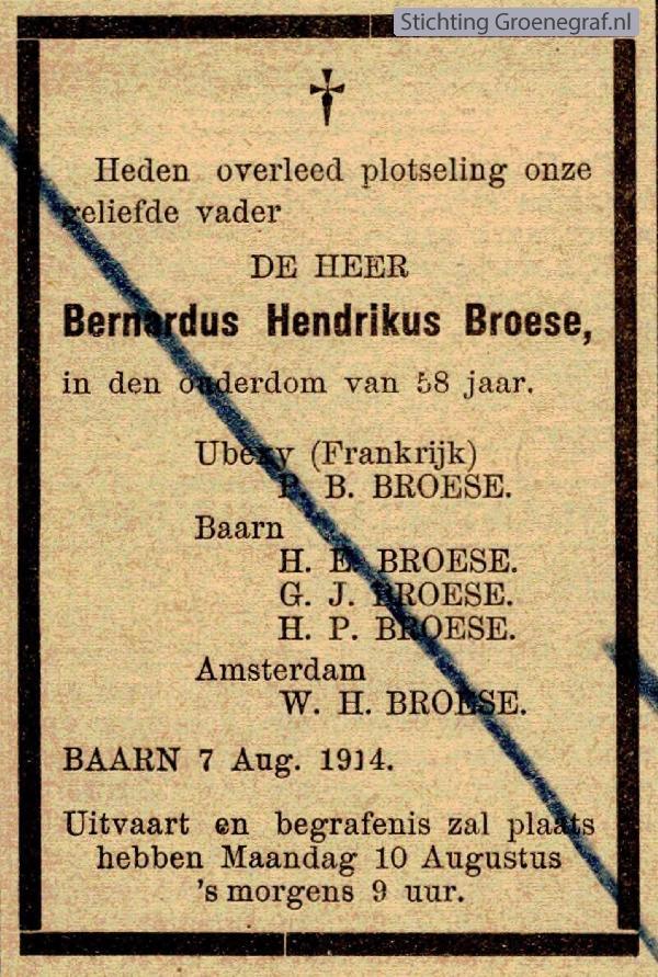 Overlijdensscan Bernardus Hendrikus  Broese