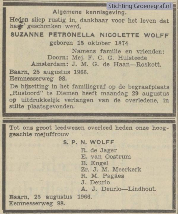 Overlijdensscan Suzanne Petronella Nicolette   Wolff