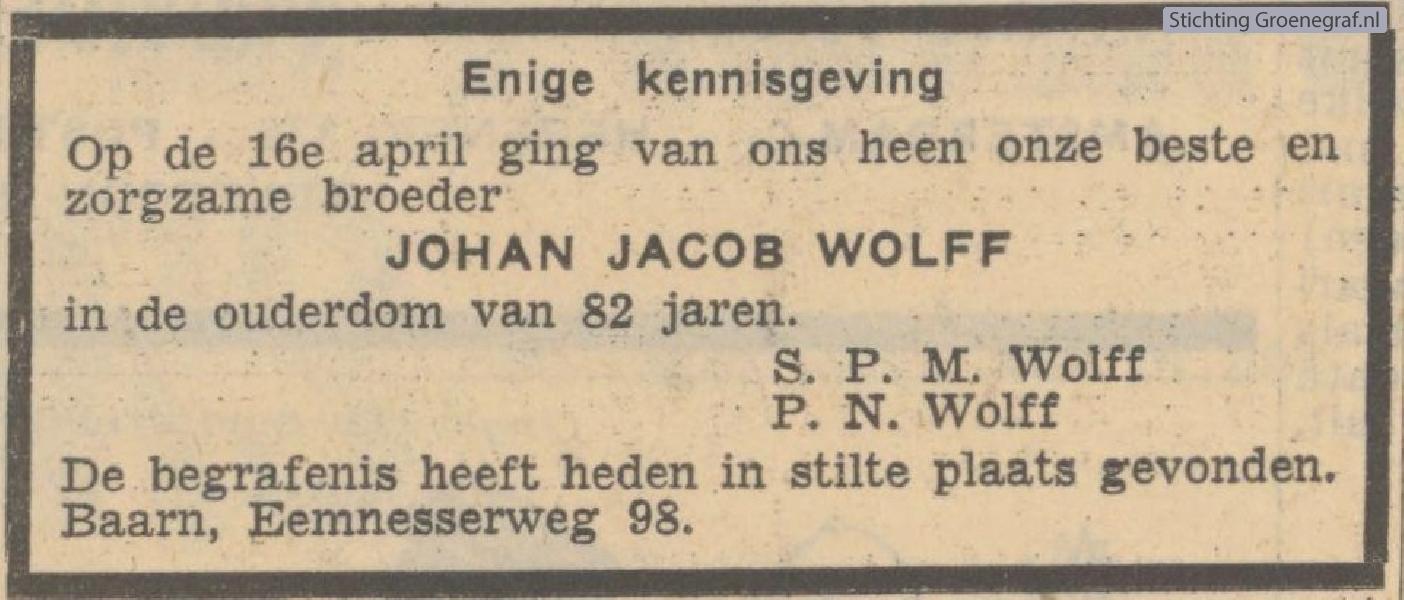 Overlijdensscan Johan Jacob  Wolff