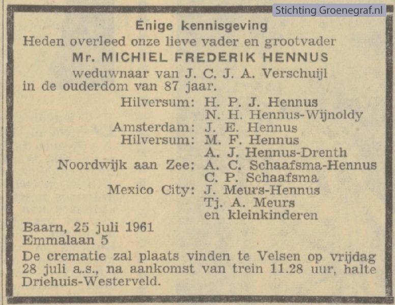 Overlijdensscan Michiel Fredrik  Hennus