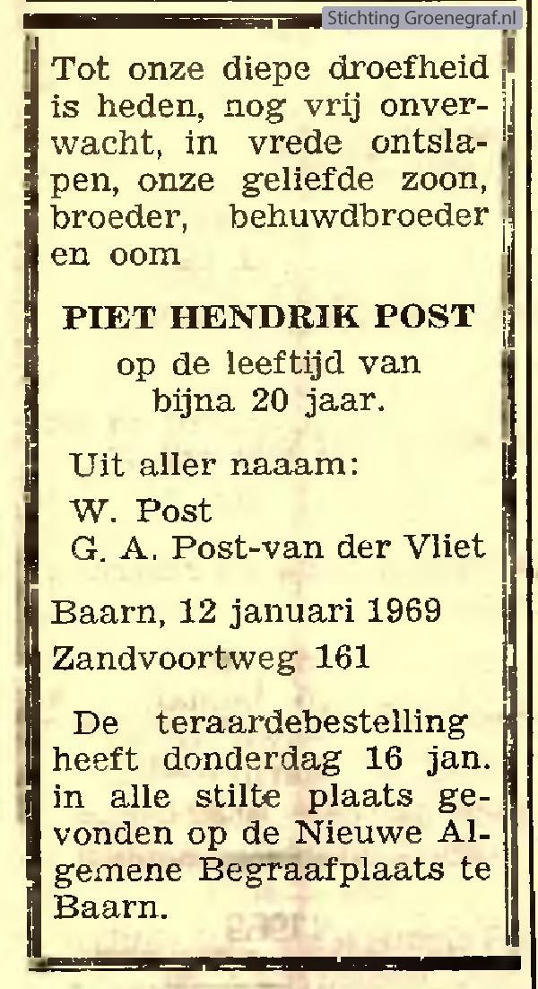 Overlijdensscan Piet Hendrik  Post