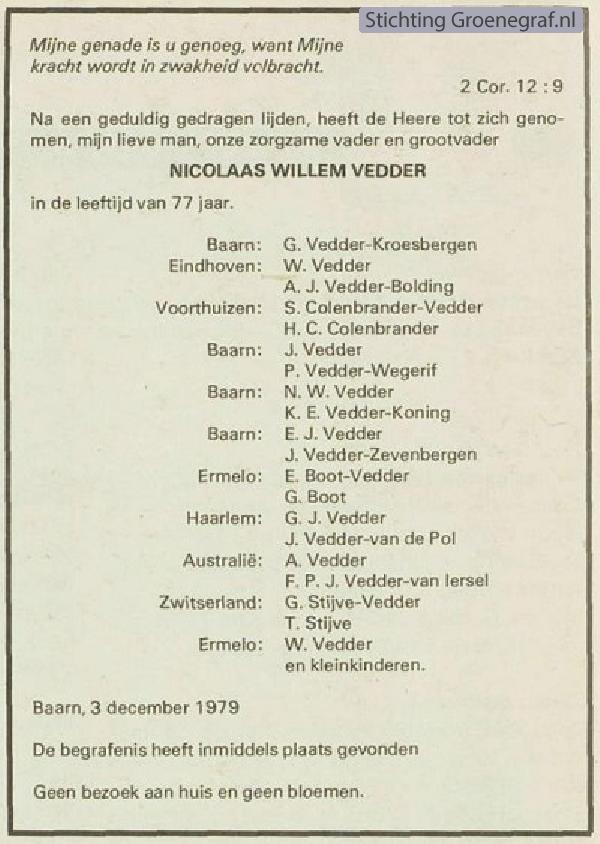 Overlijdensscan Nicolaas Willem  Vedder