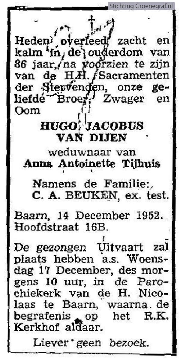 Overlijdensscan Hugo Jacobus van Dijen