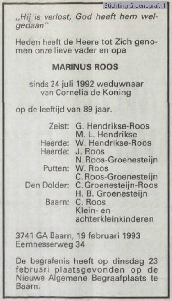 Overlijdensscan Marinus  Roos