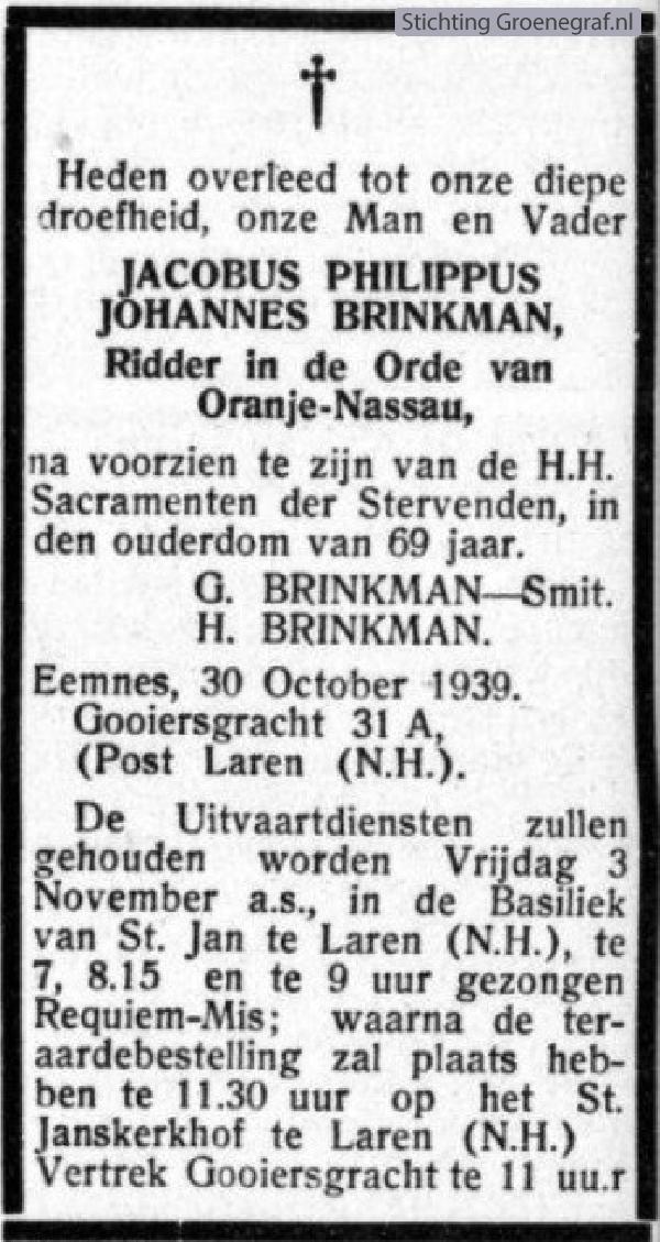 Overlijdensscan Jacobus Philippus Johannes  Brinkman