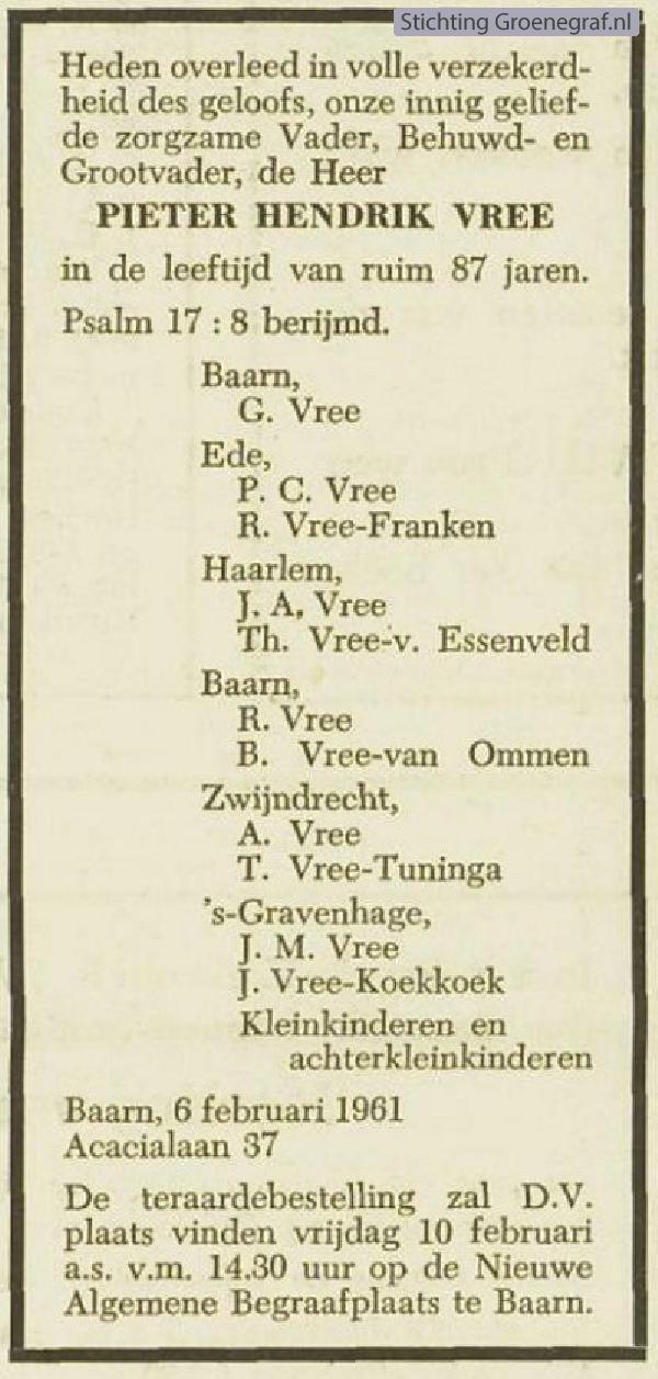 Overlijdensscan Pieter Hendrik  Vree