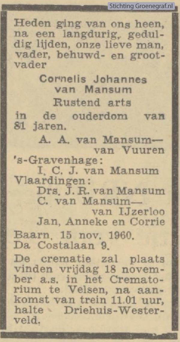 Overlijdensscan Cornelis Johannes van Mansum