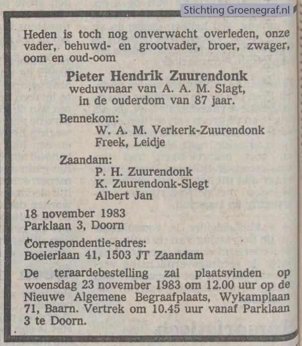 Overlijdensscan Pieter Hendrik  Zuurendonk