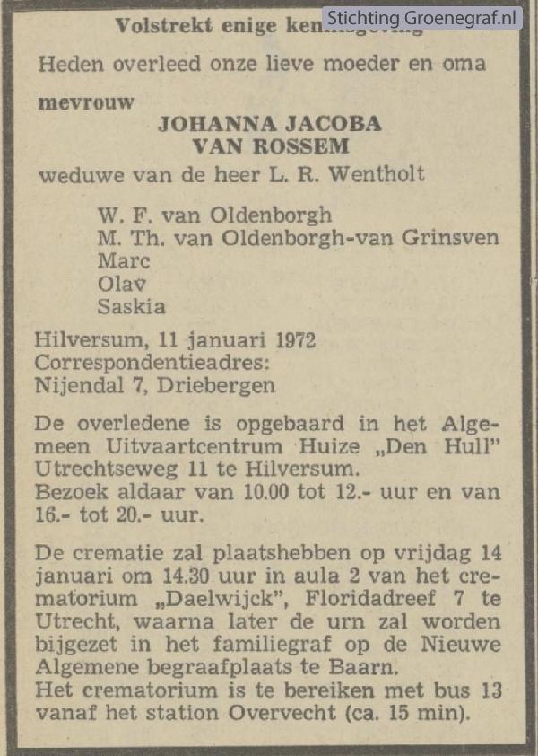 Overlijdensscan Johanna Jacoba van Rossem