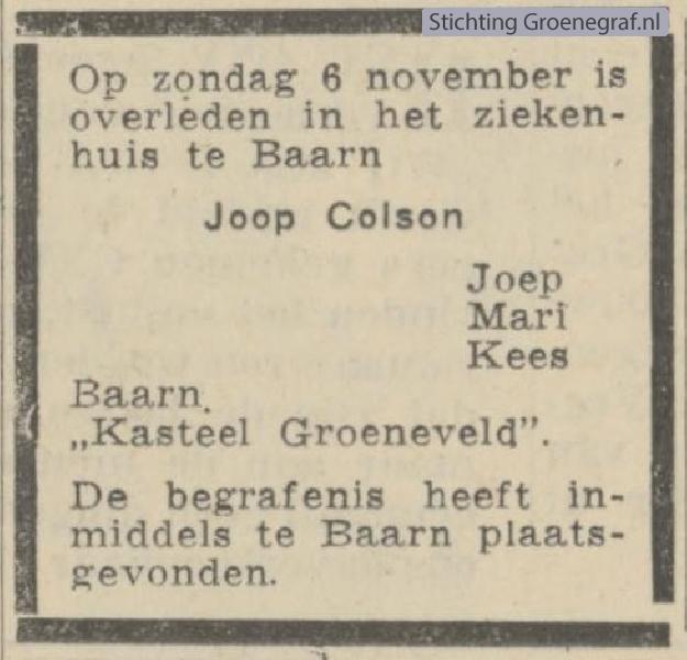 Overlijdensscan Johan Lodewijk Thadeus  Colson