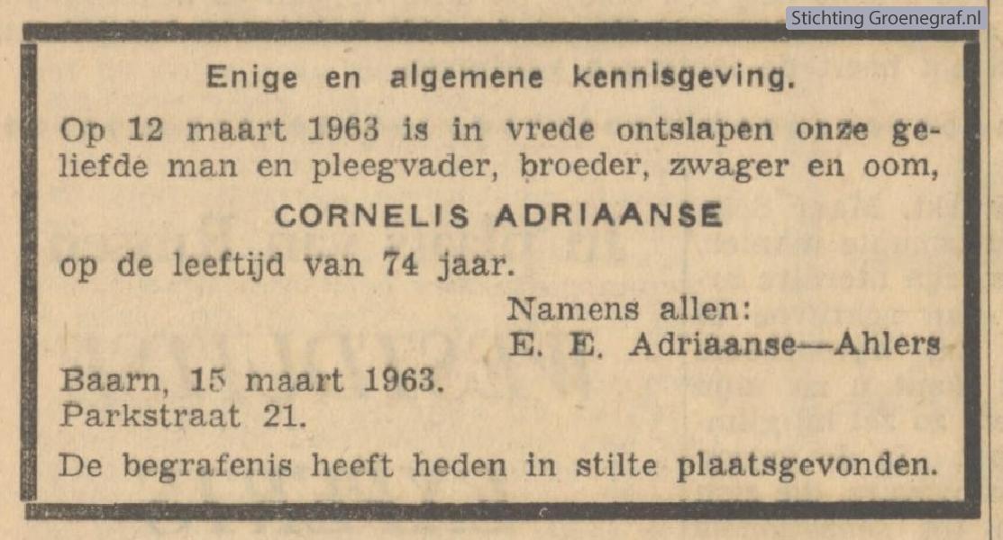 Overlijdensscan Cornelis  Adriaanse