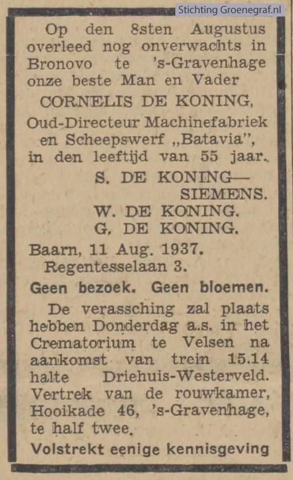 Overlijdensscan Cornelis de Koning