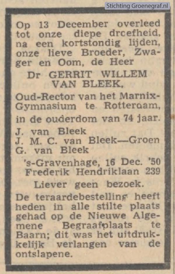 Overlijdensscan Gerrit Willem van Bleek