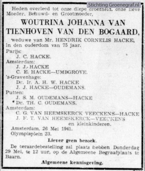 Overlijdensscan Woutrina Johanna van Tienhoven van den Bogaard