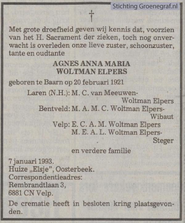 Overlijdensscan Agnes Anna Maria  Woltman Elpers