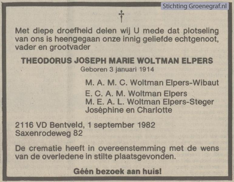 Overlijdensscan Theodorus Joseph Marie  Woltman Elpers