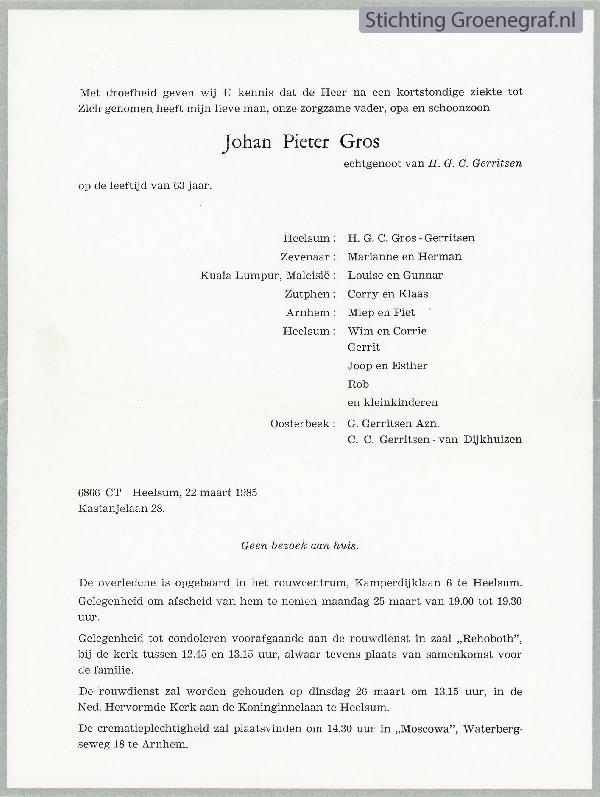 Overlijdensscan Johan Pieter  Gros