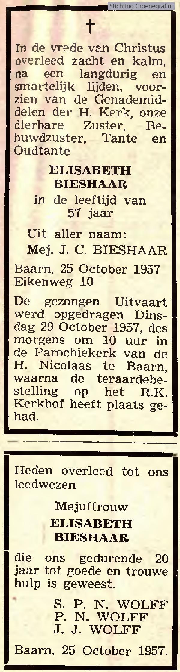 Overlijdensscan Elisabeth  Bieshaar