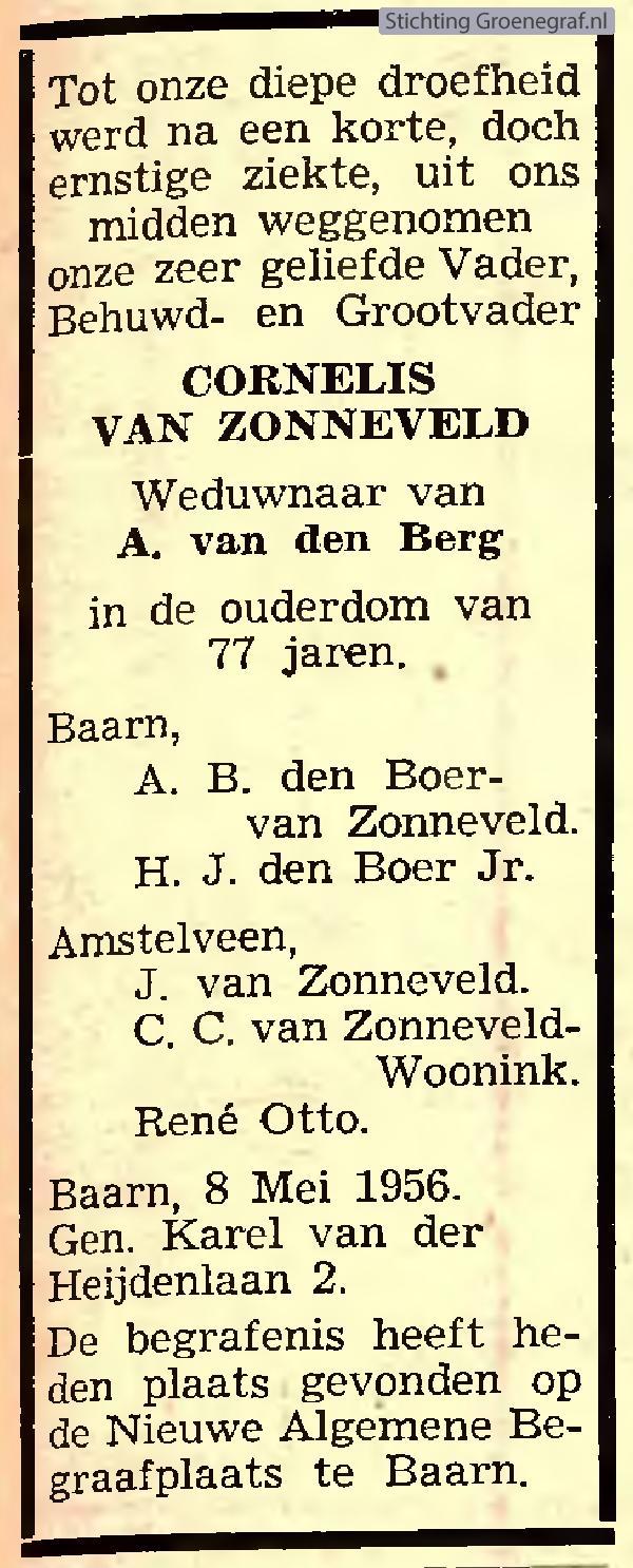 Overlijdensscan Cornelis van Zonneveld