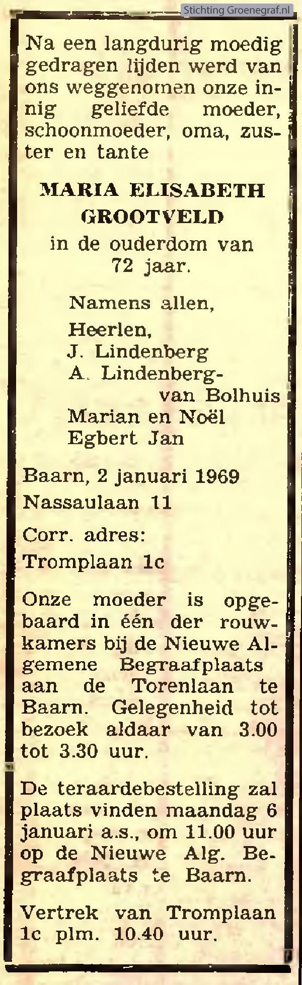 Overlijdensscan Maria Elisabeth  Grootveld