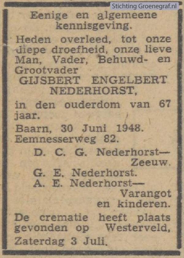 Overlijdensscan Gijsbert Engelbert   Nederhorst