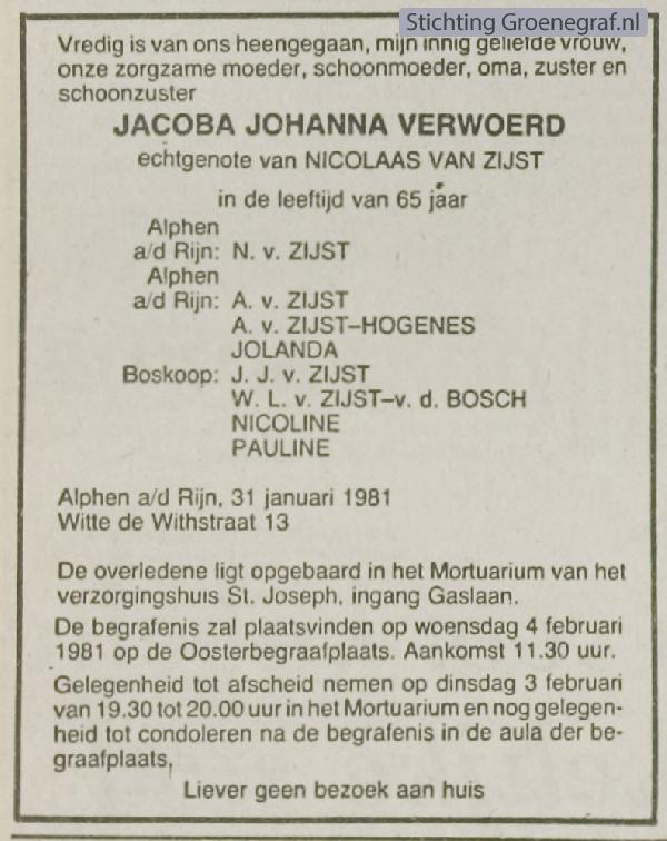Overlijdensscan Jacoba Johanna  Verwoerd