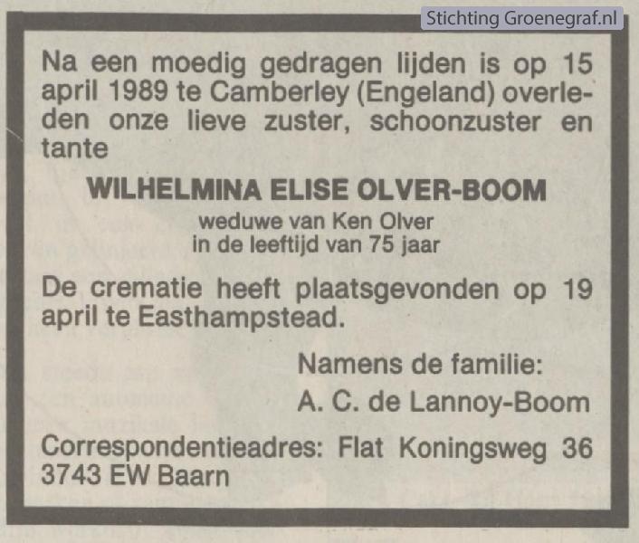 Overlijdensscan Wilhelmina Elise  Boom