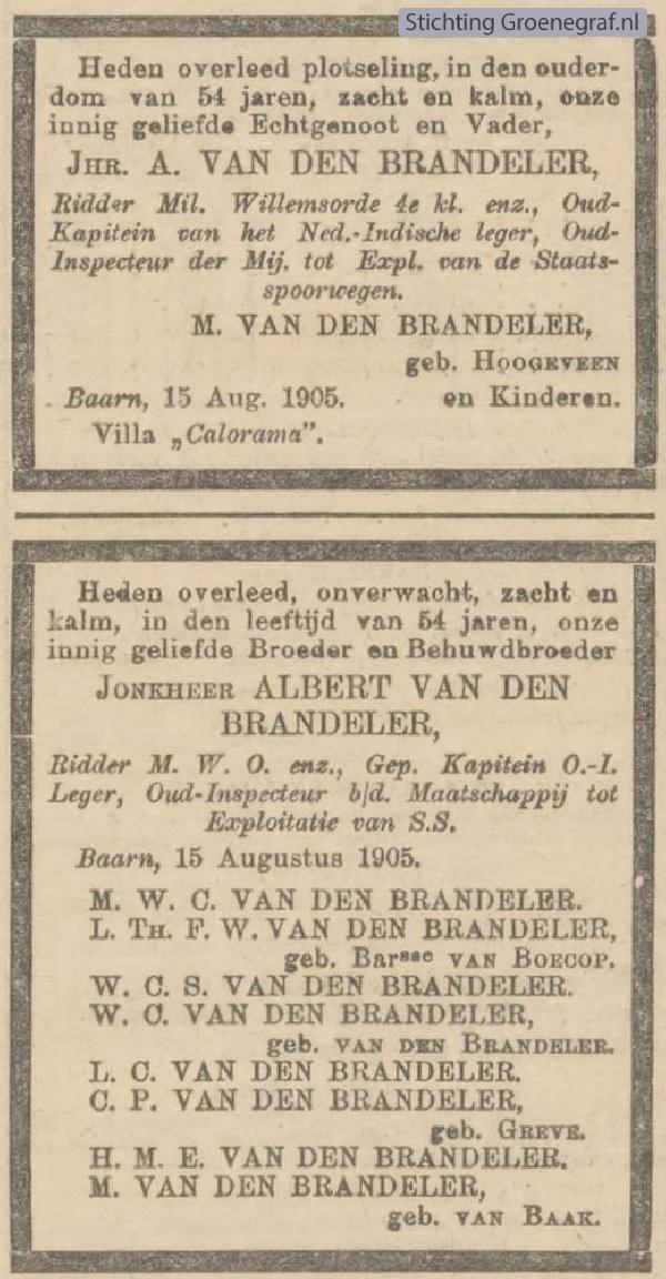 Overlijdensscan Jhr. Albert van den Brandeler