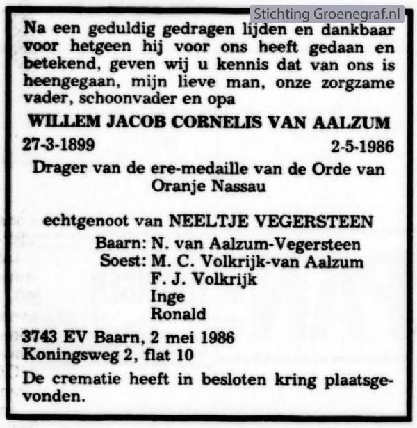 Overlijdensscan Willem Jacob Cornelis van Aalzum