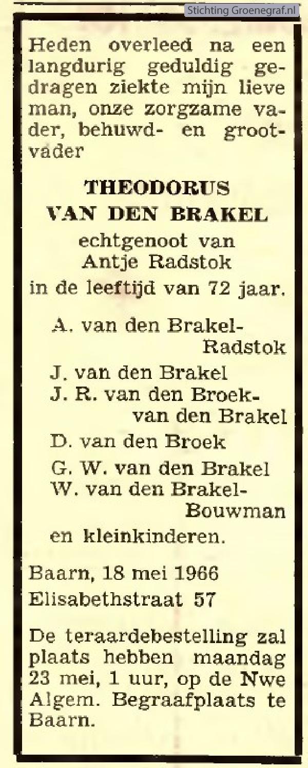 Overlijdensscan Theodorus van den Brakel