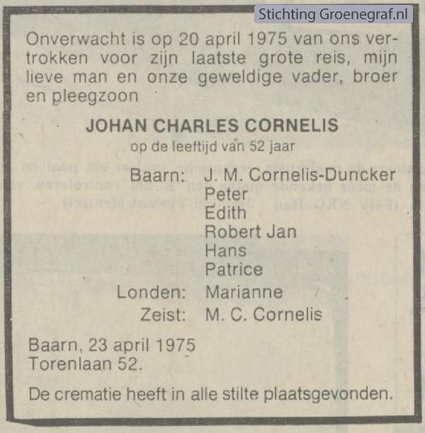 Overlijdensscan Johan Charles  Cornelis