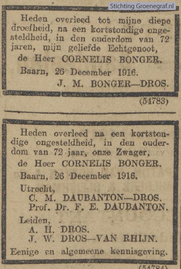 Overlijdensscan Cornelis  Bonger