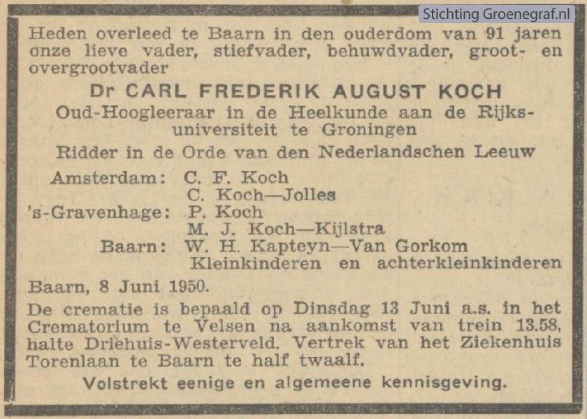 Overlijdensscan Carl Fredrik August  Koch