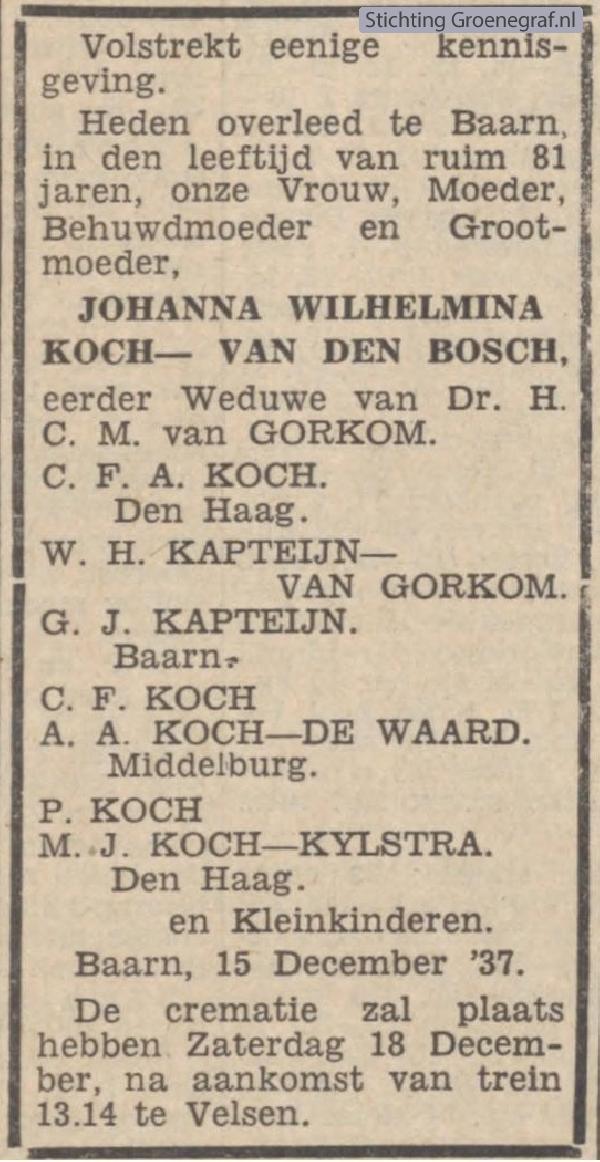 Overlijdensscan Johanna Wilhelmina van den Bosch