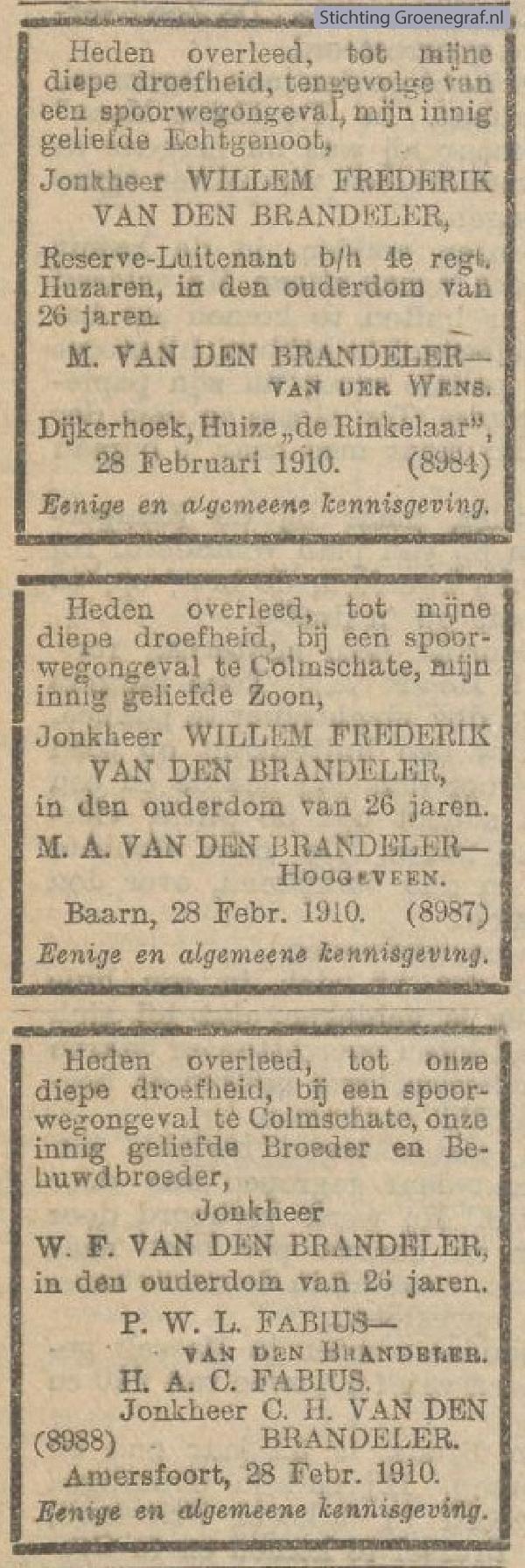 Overlijdensscan Jhr. Willem Frederik van den Brandeler