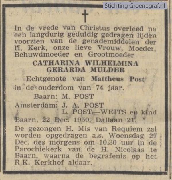 Overlijdensscan Catharina Wilhelmina Gerarda  Mulder