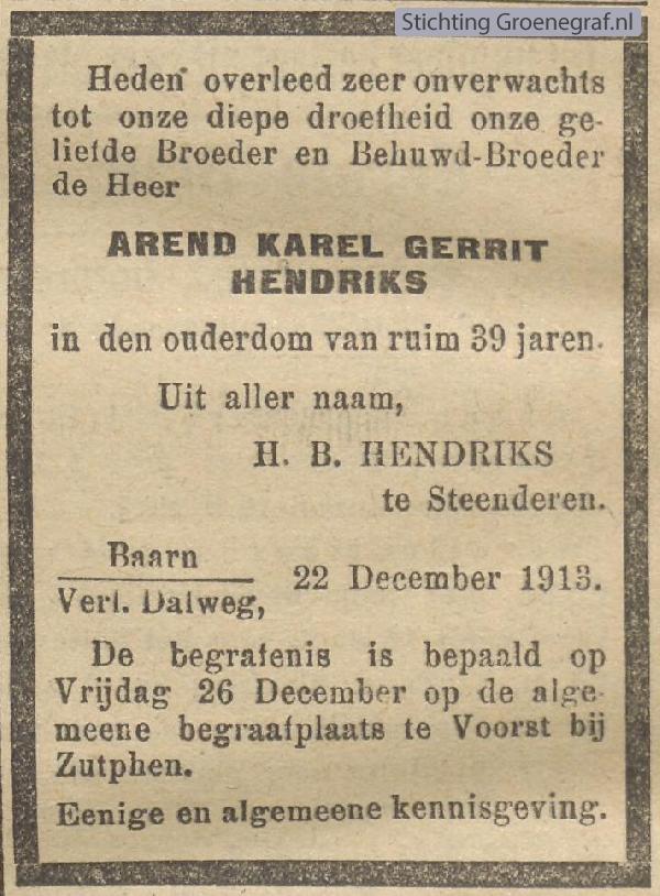 Overlijdensscan Arend Karel Gerrit  Hendriks