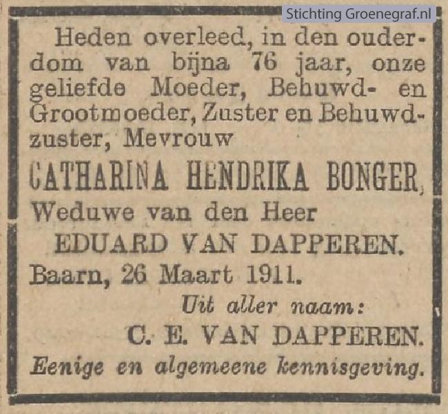 Overlijdensscan Catharina Hendrika  Bonger