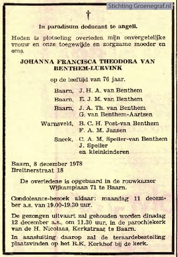 Overlijdensscan Johanna Francisca Theodora   Lurvink