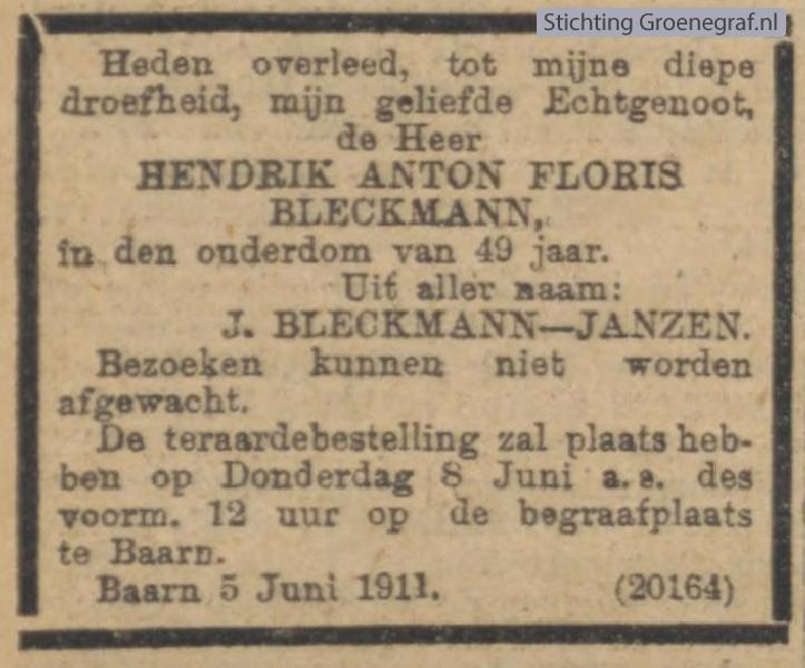 Overlijdensscan Hendrik Anton Floris  Bleckmann