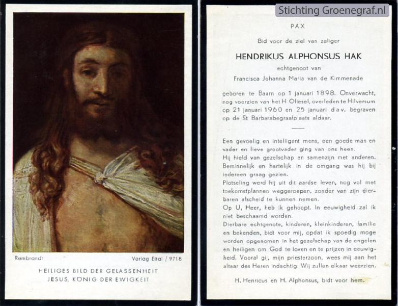 Overlijdensscan Hendrikus Alphonsus  Hak
