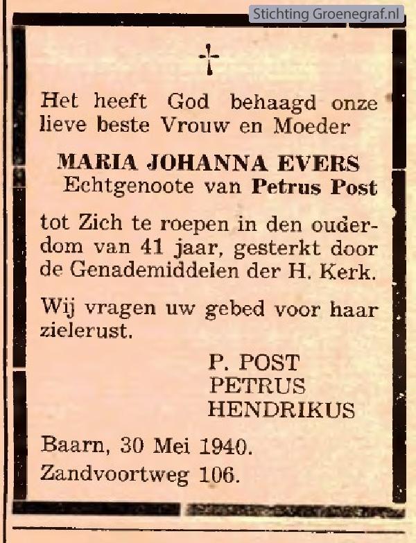 Overlijdensscan Maria Johanna  Evers