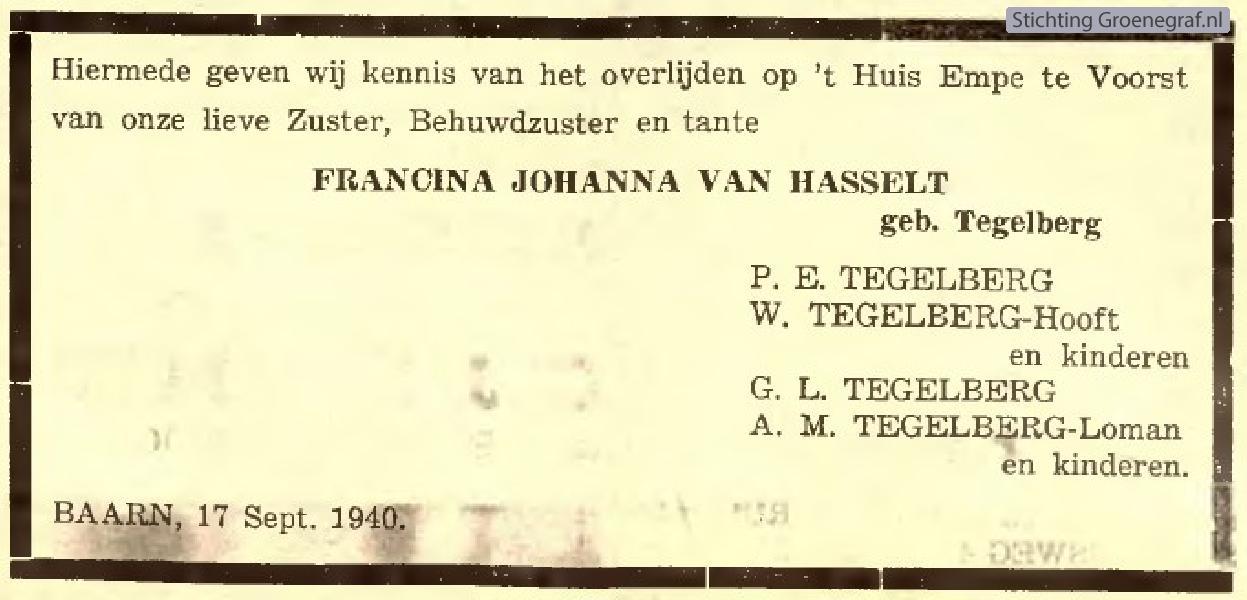 Overlijdensscan Francina Johanna  Tegelberg