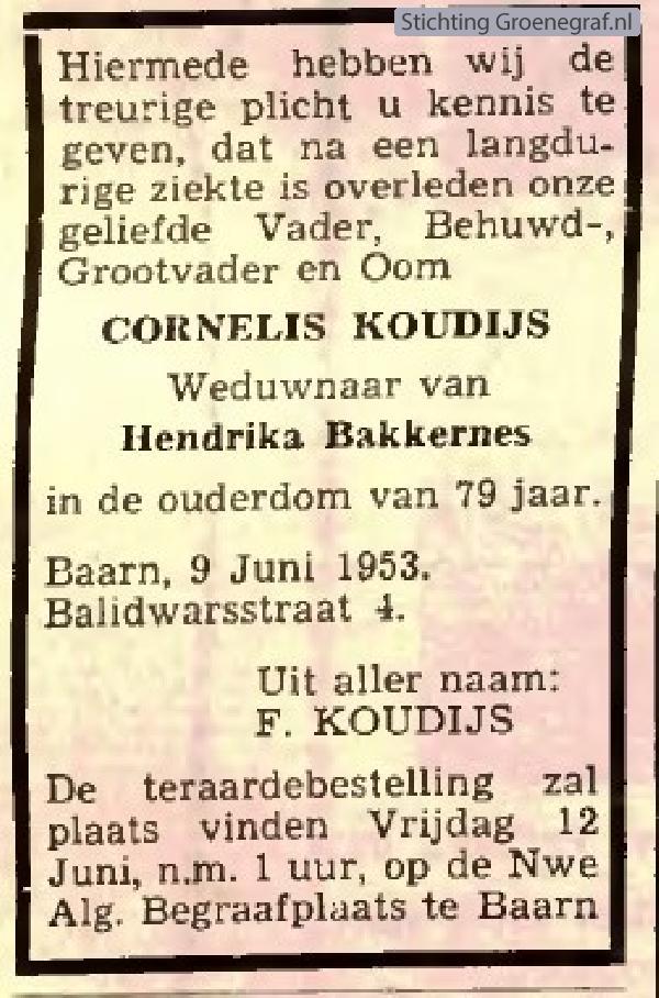 Overlijdensscan Cornelis  Koudijs