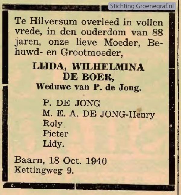 Overlijdensscan Lijda Wilhelmina de Boer