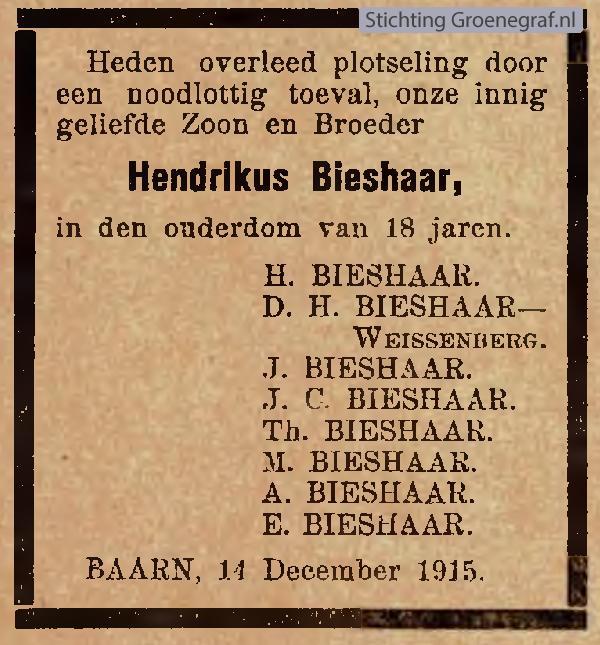 Overlijdensscan Hendrikus  Bieshaar