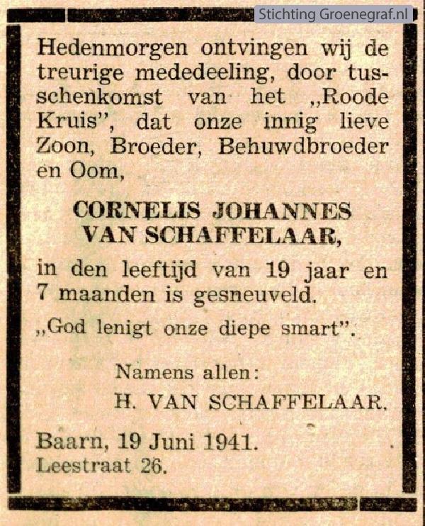Overlijdensscan Cornelis Johannes van Schaffelaar